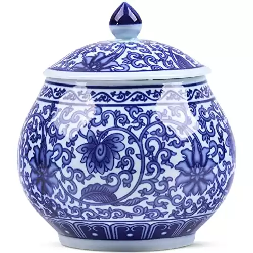 Traditional Chinoiserie Round Ginger Jars Blue and White Porcelain Series Ceramic Storage Jars with Sealed Lids,for Home/Kitchen/Dining Table Decoration (Yuan Jar)