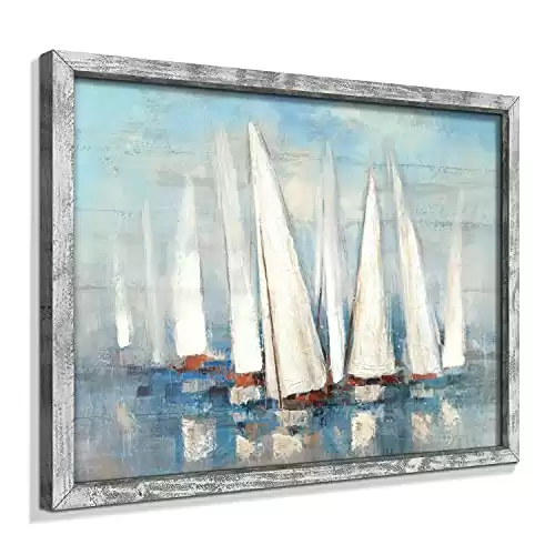 Seascape Framed Painting Wall Art: Abstract Ocean Artwork Coastal Picture Sailboat Prints on Wood in Modern Style for Home Decor 16″x12″