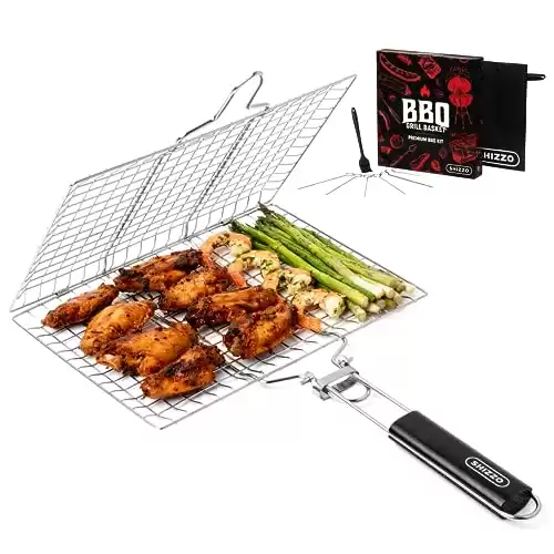 SHIZZO Shallow Grill Basket Set, Grilling Accessories Barbecue BBQ, Stainless Steel Folding Portable Outdoor Camping Rack for Fish, Shrimp, Vegetables, Cooking Accessories, Gift for Family, Freinds
