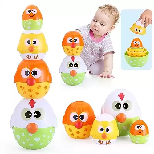 MOONTOY Toddler Chicken Nesting Stacking Eggs Toys, 8PCS Color Matching Game Shape Sorter STEM Fine Motor Skills Sensory Baby Bath Toys Montessori Educational Birthday Easter Gift 6 Months, 1 2 3 Year
