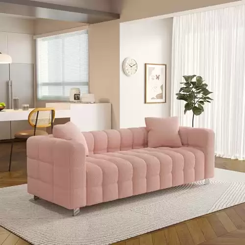 DAMAIFROM Sofa Couch for Living Room, 80 Inch Modern Upholstered Couch, Teddy Velvet Tufted Sofa with 2 Pillows, Wide Arm and Metal Legs, Comfy Couch Sofas for Office, Apartment (Pink)