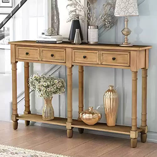 P PURLOVE Retro Console Table Sofa Table for Entryway with Drawers and Shelf Living Room Table (Old Pine)