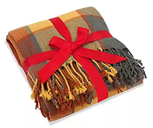 Classic Home Throw Blanket Shawl All Season Acrylic Cozy Soft Reversible Picnic Stadium Camp Blanket Fringe Plaid for Bed/Sofa/Couch,Cashmere-Like 50″ W x 67″ L (Pumpkin)