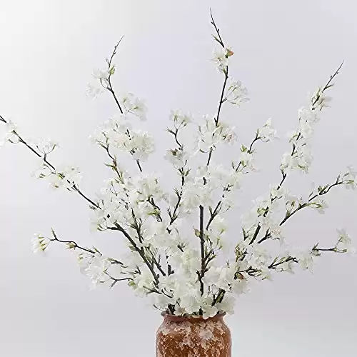 LESING 4pcs Cherry Blossom Flowers Artificial, Fake Silk Cherry Blossom Branches Tall Peach Blossom Flower Stems Arrangement for Wedding Home Office Party Decoration (White-1)