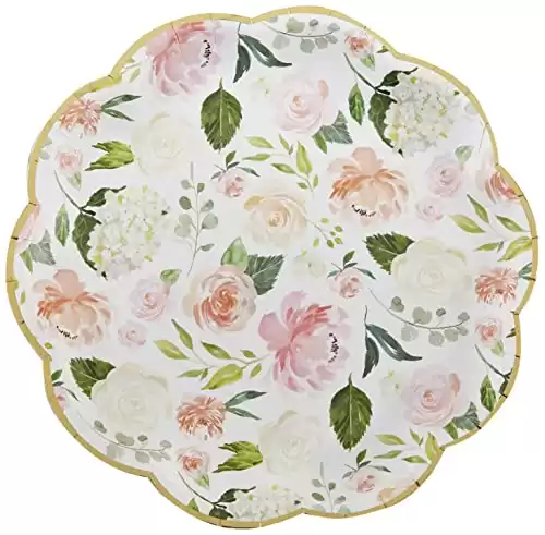 Kate Aspen Pink Floral 9 in. Decorative Premium Paper Plates (350 GSM weight -Set of 16) - Perfect for Bridal Showers and Weddings, White/Green/Gold/Pink (28591NA)