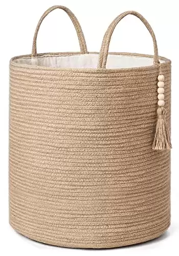 Mkono Tall Wicker Laundry Basket Woven Storage Basket Decorative Natural Rope Basket Wooden Bead Decoration for Blankets,Toys,Clothes,Shoes,Plant Organizer Bin with Handles Living Room 15 Wx17.7...