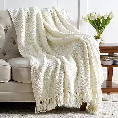 Bedsure Throw Blanket for Couch – Ivory Versatile Knit Woven Chenille Blanket for Chair, Super Soft, Warm & Decorative Blanket with Tassels for Bed, Sofa and Living Room (01 – Ivory, 50 x ...