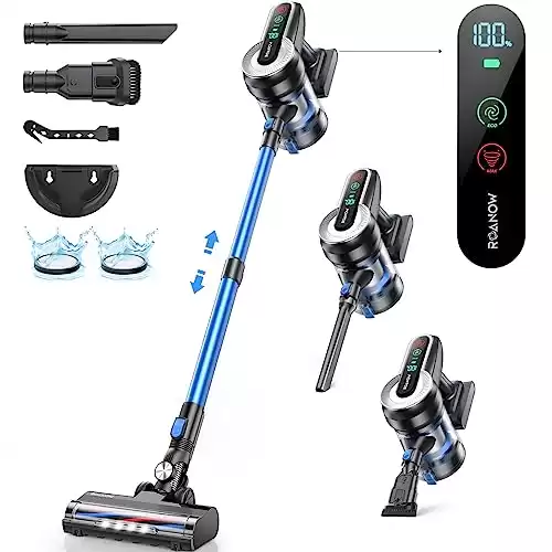 Roanow Cordless Vacuum Cleaner, 450W/38KPA Cordless Vacuum with LED Display, 55Mins Runtime Lightweight & Ultra-Quiet Cordless Stick Vacuum for Carpet and Floor, Home, Pet Hair Cleaning