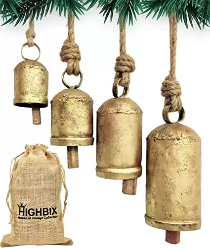 HIGHBIX Set of 4 Harmony Cow Bells Vintage Handmade Rustic Lucky Christmas Hanging Décor Bells On Rope