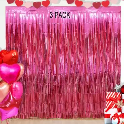 EUFARS Valentines Day Backdrops Curtains - 3 Pack of 3.2x8.2ft Hot Pink Foil Fringe Curtains Streamers Backdrop for Barbie Party Galentines Valentines Day Backdrop Decorations
