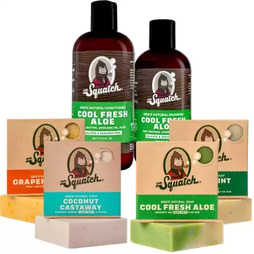 Dr. Squatch Men's Bar Soap and Hair Care BEACH Expanded Pack: Men's Natural Bar Soap: Coconut Castaway, Cool Fresh Aloe Shampoo and Conditioner Set, Cool Fresh Aloe, Grapefruit IPA, Spearmin...