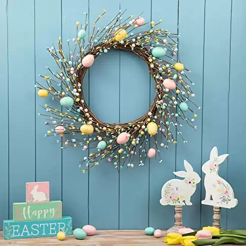 Glitzhome 22" D Easter Eggs Spring Wreath Easter Eggs & Berries Front Door Wall Decor Easter Garland with Colored Eggs Berries Holiday Decoration