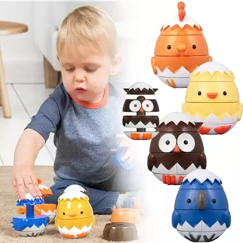 Stacking & Sorting Easter Toys, Mix & Match Educational Hatching Animal Eggs 4 Pack - Owl, Duck Chicken Bluejay - Fun Creative and Imaginative, Hands On Building Play Gift for Toddlers and Kid...