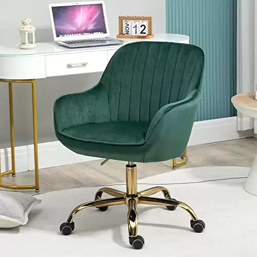 NORDICANA 360 Home Office Chair Ergonomic Task Chair, Swivel Desk Chair, Upholstered Velvet Computer Chair, Gold Metal Base, Dark Green