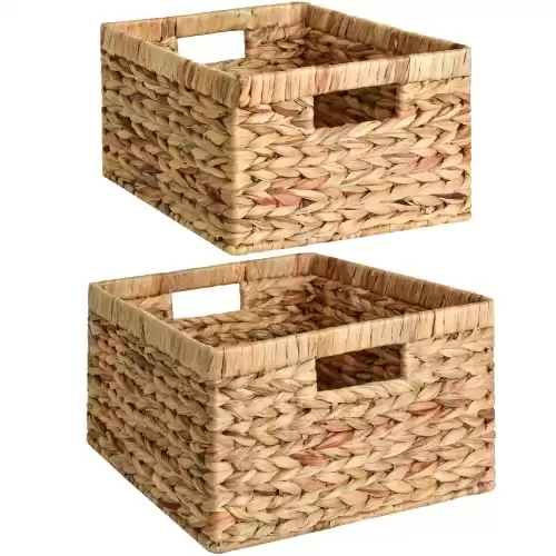 StorageWorks Wicker Storage Basket, Water Hyacinth Basket for Organizing, Decorative Water Hyacinth Storage Baskets with Built-in Handles, Set of 2