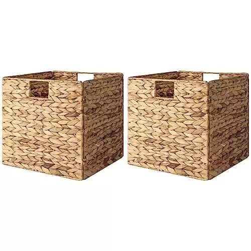 StorageWorks Wicker Baskets for Storage with Liners, Water Hyacinth Storage Baskets for Organizing, Handwoven Wicker Storage Cubes, Large, 2 Pack