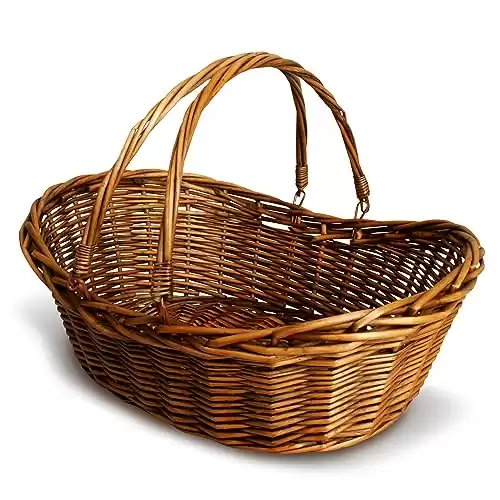 Wald Imports – Medium Wicker Basket with Handle – Dark Brown Hand Woven Harvest Basket – Wicker Flower Basket for Storage, Picnics, Easter, Organizing, and More (17 x 6.5 inches)