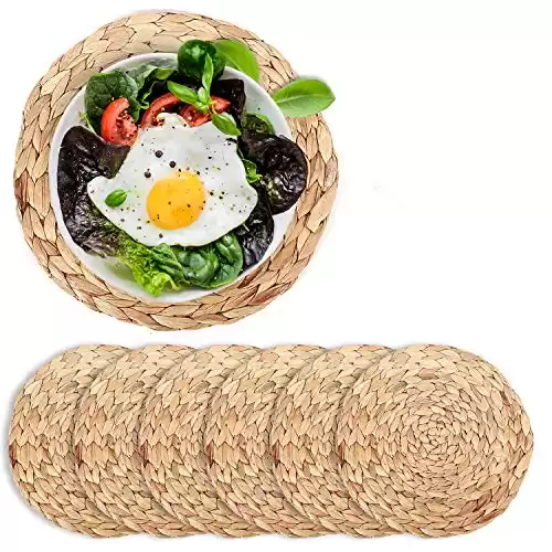 6 Pcs Woven Placemats,Weave Placemat Round Braided Rattan Tablemats (Water Hyacinth, 11.8)