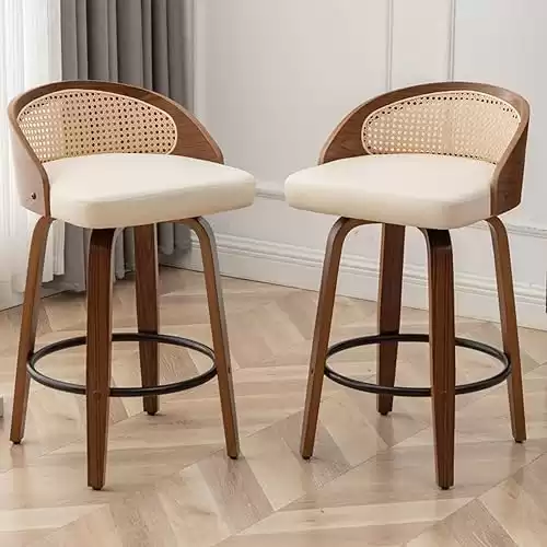 YOUUGIOR 26.4" Swivel Rattan Bar Stools Set of 2,Mid-Century Modern Beige Faux Leather Upholstered Counter Height Stools,Kitchen Island Barstool with Rattan Low Backrest,Walnut Wood Finish Bar Ch...