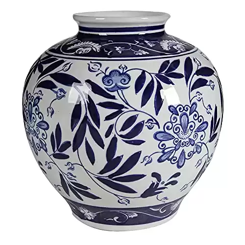 A&B Home Blue and White Porcelain Vase, 8.5″ x 8.5″ x 9″