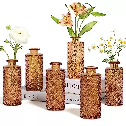 ComSaf Glass Bud Vases Set of 6, Small Diamond Bud Vases in Bulk, Mini Flowers Vases for Centerpieces, Vintage Bottle for Table Decorations, Wedding Decor, Recepetion, Home, (Amber)