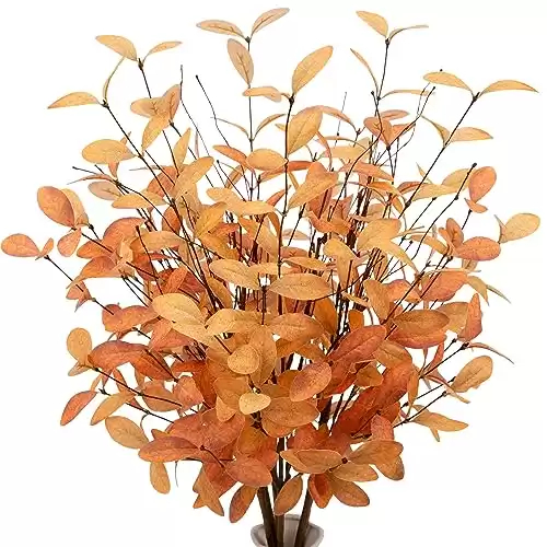 VGIA 6 Pcs Eucalyptus Stems Aritificial Eucalyptus Leaves Stems Fall Decorations with Fall Leaves Autumn Decorations with Golden and Orange Leaves for Floral Arrangements and Home Decor
