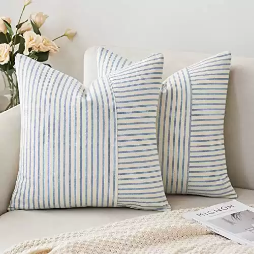 MIULEE Light Blue and Beige Patchwork Farmhouse Pillow Covers 18×18 Inch, Pack of 2 Striped Linen Decorative Modern Accent Pillow Cases for Sofa Couch Bedroom