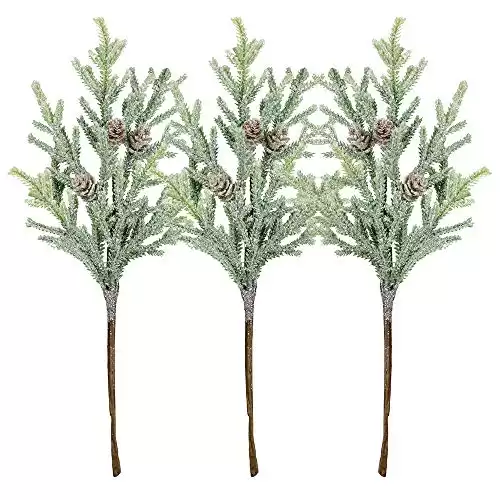 3 Pack Frosted Artificial Cypress Pine Stems Snowy Glittered Pine Spray with Mini Pinecones for Christmas Holiday Greens Seasonal Floral Arrangement Centerpiece Winter Wedding Décor 13.8″ Tall