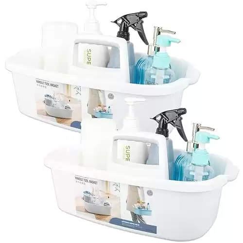 JiatuA Large Cleaning Supplies Organizer with Handle Portable Shower Caddy Basket Plastic Bucket Tool Storage for Bathroom, Bedroom, Kitchen, College Dorm, Under Sink, Garden, White 2 Pack