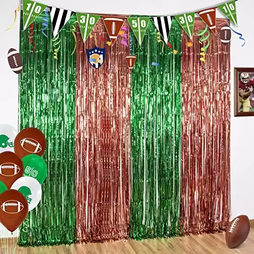 LOLStar 3 Pack Superbowl Photo Booth Prop, Football Party Decorations, 3.3×6.6 ft Dark Green and Brown Foil Fringe Curtain Photo Backdrop for Super Bowl Sunday Party, Football Themed Party Decora...