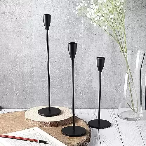 Black Matte Candlestick Holders | Candle Holder Set of 3 by Rely+ | Tall Modern Metal Slim Stick Tapered Candle Holders for Ambience | Halloween Wedding Home Decor Centerpiece