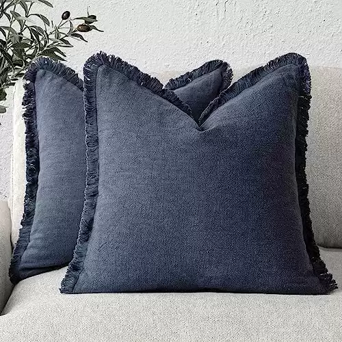 Foindtower Set of 2 Decorative Linen Fringe Throw Pillow Covers Cozy Boho Farmhouse Cushion Cover with Tassels Soft Accent Pillowcase for Couch Sofa Bed Living Room Home Decor,18×18 Inch,Navy Blue