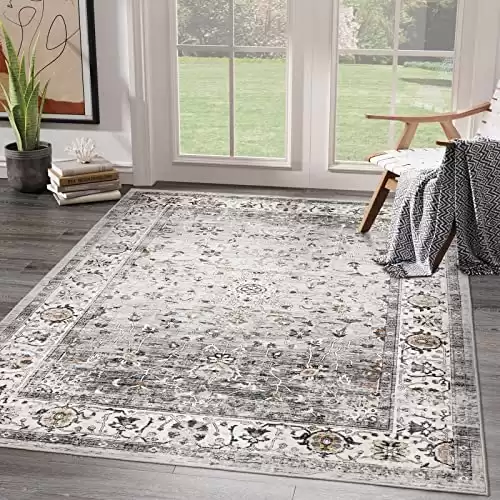 xilixili 8×10 Area Rugs for Living Room – Stain Resistant Anti-Slip Backing Washable Rug,Rugs for Bedroom,Dining Room,Vintage Printed Large Area Rug (Ivory/Grey,8’x10′)