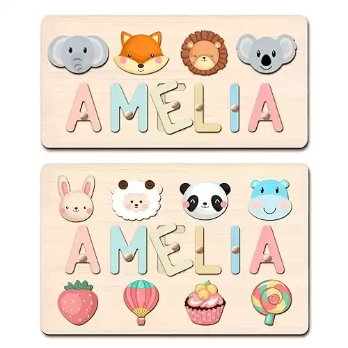 WNNNS Name Puzzles for Kids Personalized Custom 1st Birthday Baby Gifts for Boys Girls Wooden Puzzle Toys for Toddler 1-3 Montessori Toys with Gift Wrapping and Engraved Text Greetings on Back