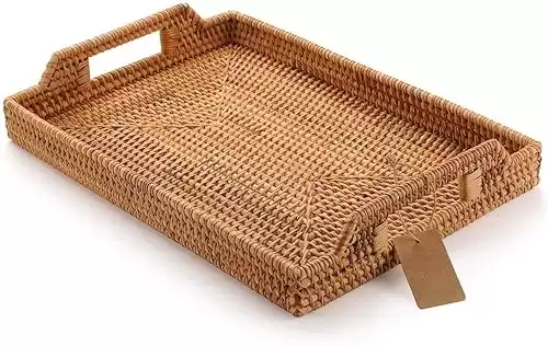 Hand-Woven Rattan Rectangular Serving Tray with Handles for Breakfast, Drinks, Snack for Coffee Table (14.5×10.2×1.4inches)