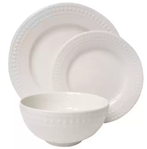 Tabletops Gallery Embossed White Porcelain Round Dinnerware Bloom 12 Piece Dinnerware Set