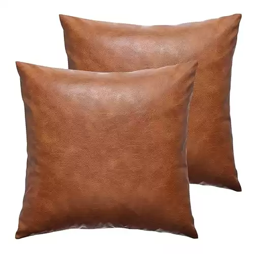 GEGELICA Faux Leather Throw Pillow Covers 18X18 Inch Set of 2 Brown Outdoor Modern Farmhouse Solid Decorative Pillow Covers for Room Couch Living Bedroom Bed Sofa