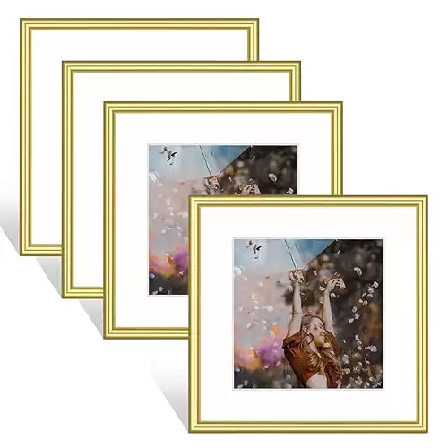 Fkvat 4x4 Picture Frame Set of 4, Sparkly Gold Thin Metal, Square Picture Frames for Wall Mounting and Tabletop, Aluminum Floating Photo Frame Fit 3x3 with Mat or 4 X 4 without Mat 4 Pack