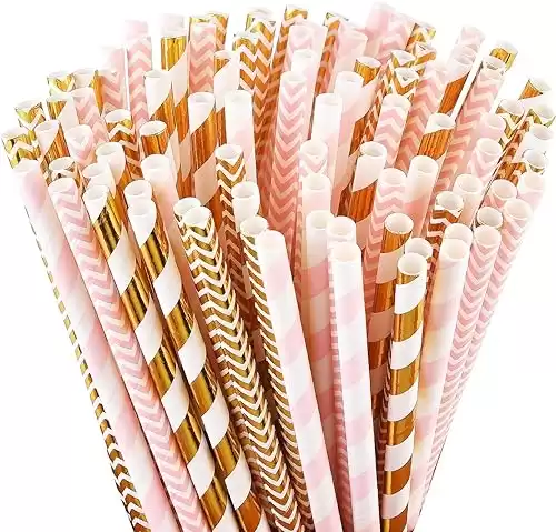 ALINK Biodegradable Paper Straws, 100 Pink Straws/Gold Straws for Party Supplies, Birthday, Wedding, Bridal/Baby Shower, Christmas Decorations and Holiday Celebrations