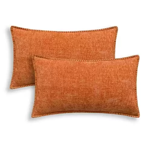 CaliTime Fall Throw Pillow Cases Pack of 2 Cotton Thread Stitching Edges Solid Dyed Soft Chenille Cushion Covers for Couch Sofa Home Farmhouse Decoration 12 X 20 Inches Burnt Orange