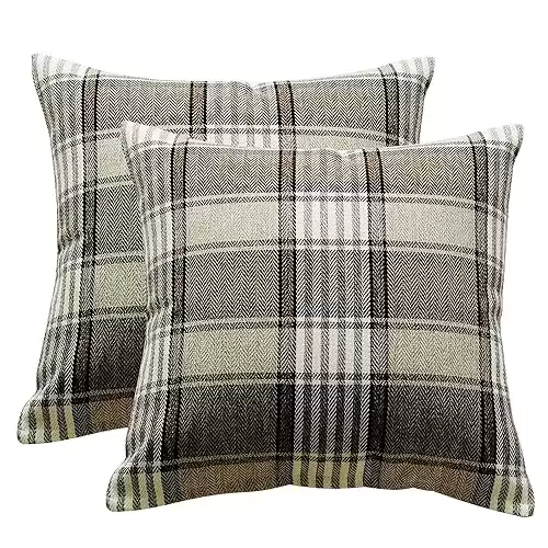 Jiuhong Cotton Linen Throw Pillow Covers Farmhouse Decor Checkers Plaids Square Cushion Case Home Decorative for Sofa Bedroom Car, 2 Pack (Brown, 18 x 18 Inch)