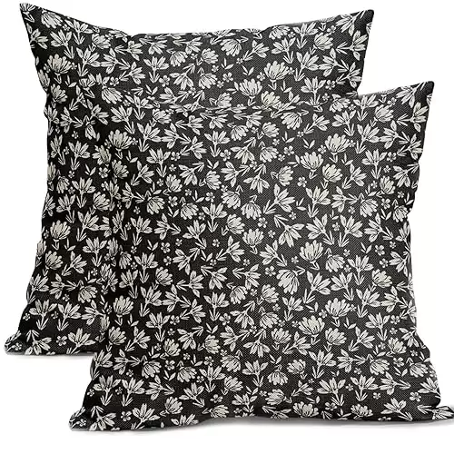 Vintage Floral Pillow Covers 18x18 Set of 2 Black Old White Floral Outdoor Decorative Throw Pillow Covers Farmhouse Rustic Pillowcases Cotton Linen Cushion Covers For Couch Bedroom Sofa Chair Car