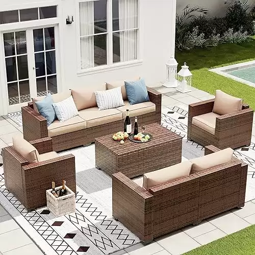 VONZOY Outdoor Patio Furniture Set, 5 Piece Patio Conversation Sets with Storage Table, Wide Armrest Outside Sectional Sofa with Waterproof Covers for Backyard, Porch, Balcony, Poolside(Khaki)