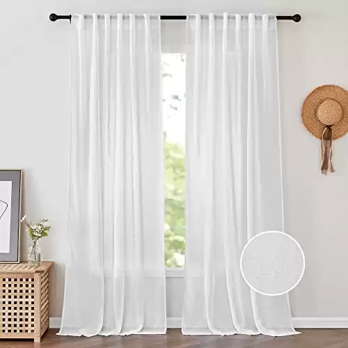 PONY DANCE White Semi Sheer Curtains 84 inches Long 2 Panels - Linen Texture Airy Privacy Sheer Drapes for Bedroom/Light Filtering Flax Window Treatments Curtain for Living Room, W 52 x L 84