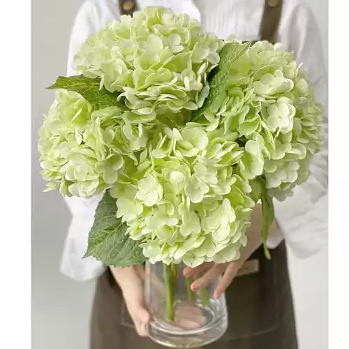 YalzoneMet RUZUQE Light Green Hydrangea Artificial Flowers, 3 Pcs Lifelike Real Touch Hydrangea Fake Flowers, 21 inch Latex Faux Hydrangea for Home Wedding Decor Flower Arrangement