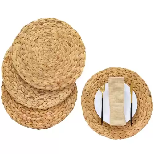 Artera Boho Round Woven Placemats - Set of 4, Natural Wicker Placemats, Water Hyacinth Straw Braided Placemats, Heat Resistant Non-Slip Weave Placemats Handmade (11.8" Round, Style 1)
