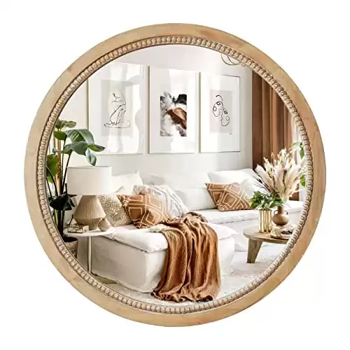 sawsile Round Decorative Mirror 24inch Circle Farmhouse Style Mirror Rustic Natural Wooden Frame Beads Mirror for Bedroom, Bathroom, Living Room or Entryway