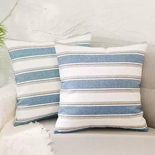 NATUS WEAVER 2 Piece Navy Blue White Stripe Pillow Case Soft Linen Square Decorative Throw Cushion Cover Pillowcase with Invisible Zipper for Bed 22" x 22 "