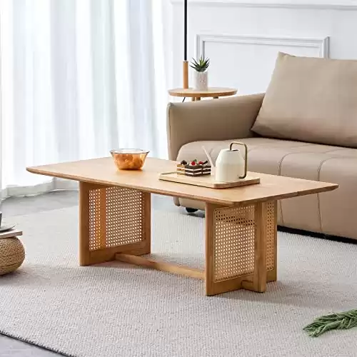 LKTART Modern Imitation Rattan Coffee Table Rectangular Solid Wood Table Top Cross Table Legs for Living Room Bedroom Office