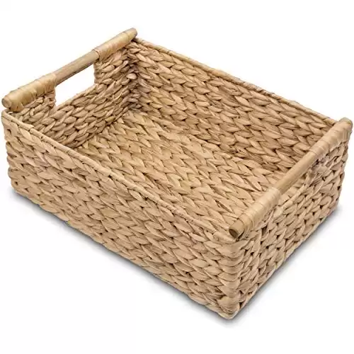 VATIMA Hyacinth Large Wicker Basket 15.5x10.8x6.2" - Rectangular, Wooden Handles, Shelf Organizer